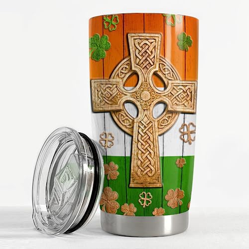 SANDJEST Irish Tumbler 20oz Celtic Cross Irish Fact Stainless Steel Tumbler with Lid Gifts for Women Birthday Christmas - color: Irish