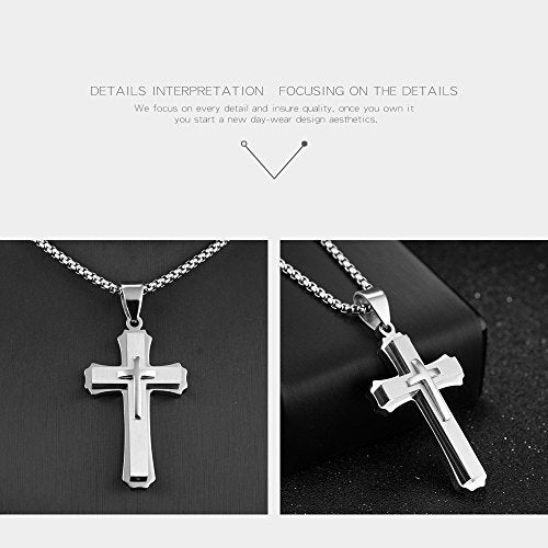 OLEVS Men's Cross Pendant Necklace Large Stainless Steel Cross Pendant Necklace for Men Women - color: silver-all