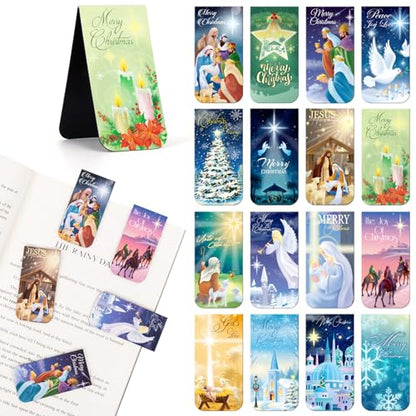 JSRQT 16Pcs Christmas Religious Magnetic Bookmarks, Larger Double-Sided Christian Bookmark for Women Man, Jesus Birth Bible Magnet Page Marker Bookmarks Page Clip for Book Lovers, 6×3 CM, 16 Style