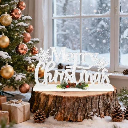 Wooden Christmas Decoration Merry Christmas Tabletop Decor, Snowflake Glitter Shining Xmas Table Sign, Farmhouse Rustic Winter Centerpiece for Home Kitchen Bedroom Tiered Tray Mantel Decor
