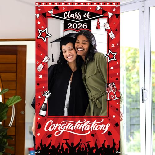 WovWeave Class of 2026 Graduation Photo Booth Frame 71x39 Inch - Red Black Large Fabric Selfie Backdrop Props for High School College Grad Party Decorations Indoor Outdoor Picture Background - style: Red Black Grad