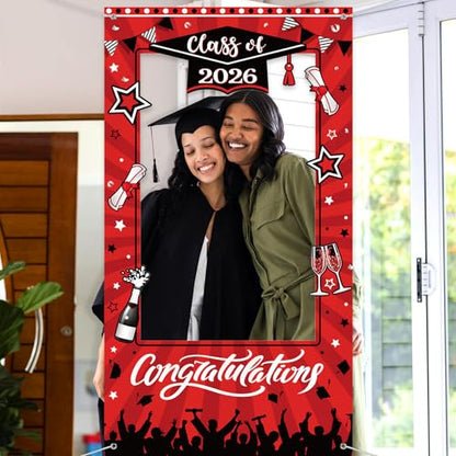 WovWeave Class of 2026 Graduation Photo Booth Frame 71x39 Inch - Red Black Large Fabric Selfie Backdrop Props for High School College Grad Party Decorations Indoor Outdoor Picture Background - style: Red Black Grad