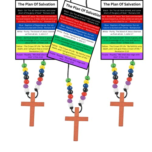 12 Sets Of Wooden Colors of Faith Plan of Salvation Beaded Cross Necklaces With Plan Of Salvation Pocket Cards Gospel Tracts Using 7 Colors Of Salvation Ministering Tool Inspirational Bible Verses