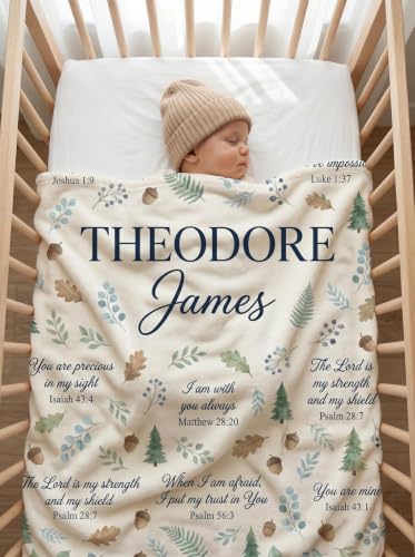 Personalized Forest Bible Verse Baby Boy Blanket, Custom Christian Nursery Decor, Baptism Gift for Boy, Woodland Scripture Prayer Throw - color: Forest Blanket #2