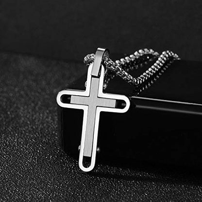 Holizaly Men's Cross Necklace 316L Stainless Steel Pendant White/Gold/Black/Blue Rolo Chain-Gift Box Included - color: Silver-A
