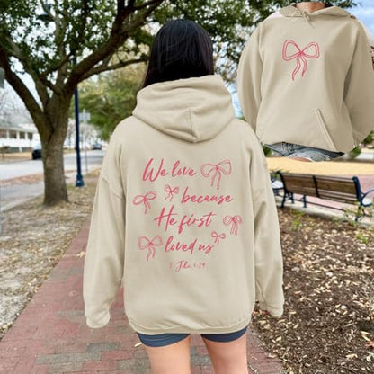 Christian Bow Hoodies for Women Cute Bow Print Sweatshirt Bible Verse Graphic Hoodie Religious Pullover Sweatshirts - color: Apricot, size: X-Large