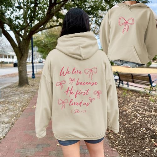 Christian Bow Hoodies for Women Cute Bow Print Sweatshirt Bible Verse Graphic Hoodie Religious Pullover Sweatshirts - color: Apricot, size: Medium