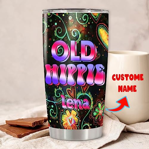 Personalized Old Hippie Tumbler Stainless Steel Travel Mug Coffee Insulated Cup With Lid Retro Style Custom Name Cute Gifts For Girl Women Men Peace Sign Colorful Print - color: Hippie