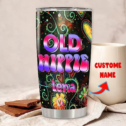 Personalized Old Hippie Tumbler Stainless Steel Travel Mug Coffee Insulated Cup With Lid Retro Style Custom Name Cute Gifts For Girl Women Men Peace Sign Colorful Print - color: Hippie