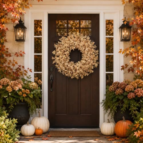 24 Inch Fall Wreaths for Front Door, Beige Forsythia Autumn Wreath - color: Beige