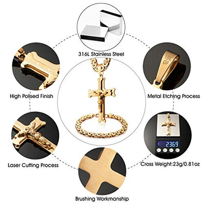 Mens Stainless Steel Silver Gold Jesus Cross Pendant Necklace Chain Bracelet Set Jewelry 45/50/55/60/65/70/75cm - style: Style 03-Color Yellow