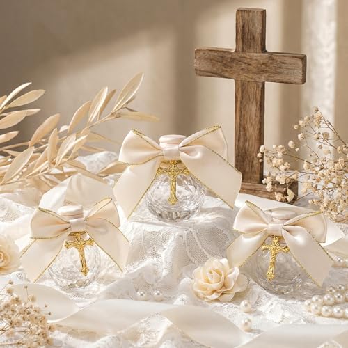12 Sets Holy Water Bottles Baptism Favors for Guests 10ml Glass Holy Water Container with Cross, First Communion Gifts Empty Container for Communion Christian Church Wedding Baptism Gifts (Round) - color: Style 2