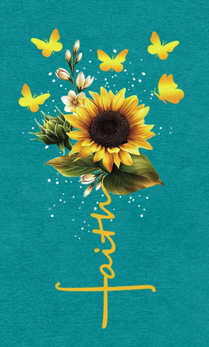 Womens Christian Shirts Faith Cross Sunflower Butterfly T-Shirt Bible Verse Religious Tee Tops - color: Cyan, size: Small