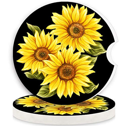 Stone Black Car Coasters - 2 Packs Absorbent Ceramic Cup Holder Coasters with Finger Notch and Easy Clean (Painting Sunflower) - color: Painting Sunflower