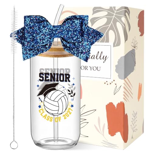 Class of 2027 Senior Gifts - Senior 2027 Volleyball Glass Tumbler with Glitter Bow, Graduation Gift for Girls Women Player College High School Daughter Friends Graduates - style: volleball senior