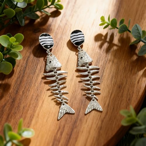 Creative Exaggerated Ocean Animal Drop Dangle Earrings for Women, Bohemia Style Alloy Lobster Octopus Fish Crab Earrings for Summer Beach Holiday Party Jewelry Gifts - style: Silver Fish Bone Earrings