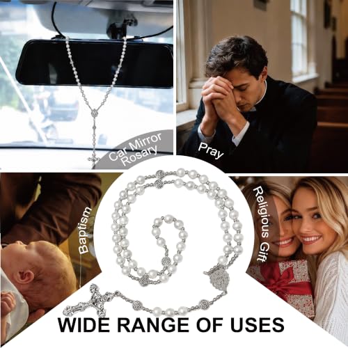 8mm Glass Pearl Rosary - Catholic Necklace for Men and Women Comes in a Metal Gift Box, First Communion Rosary Necklace as Gifts - color: White