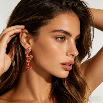 Creative Exaggerated Ocean Animal Drop Dangle Earrings for Women, Bohemia Style Alloy Lobster Octopus Fish Crab Earrings for Summer Beach Holiday Party Jewelry Gifts - style: Red Blue Rhinestone Lobster Earrings-I