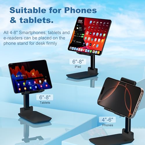 Cell Phone Stand,Adjustable Angle Height Phone Stand for Desk,Fully Foldable/Portable Phone Holder with Silicon Pad for iPhone 16/15/14/13/12/Smartphones,All Mobile Phones (Black) - color: Black