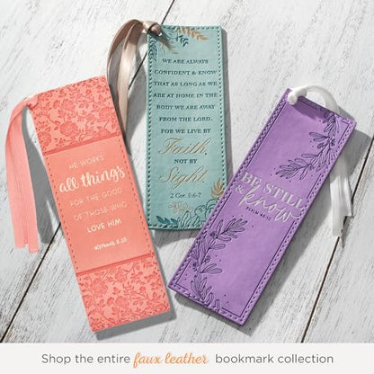 Christian Art Gifts Faux Leather Bookmark for Women: He Works All Things - color: Peach - All Things