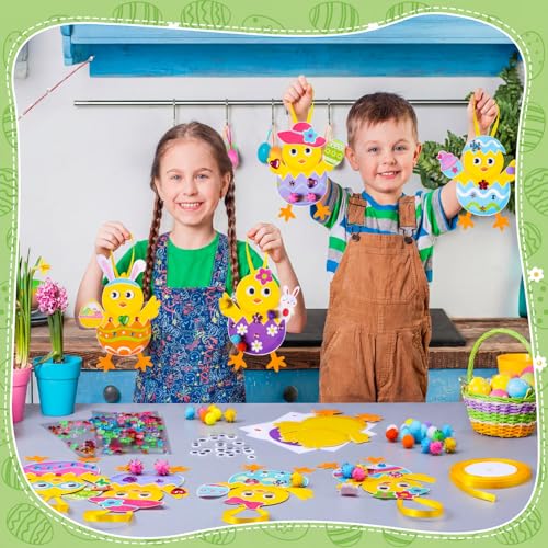 Funrous 48 Sets Crafts Kit Paper Crafts DIY Make Your Own Hanging Ornaments with Pompoms Diamond Stickers for Holiday Classroom Activities Party Favors, Easter Chick - style: Easter Chick