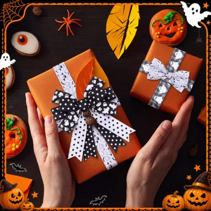 12 Rolls 60 Yard Ghost Halloween Wired Ribbon for Wreath Craft Bow - style: Black Ghost