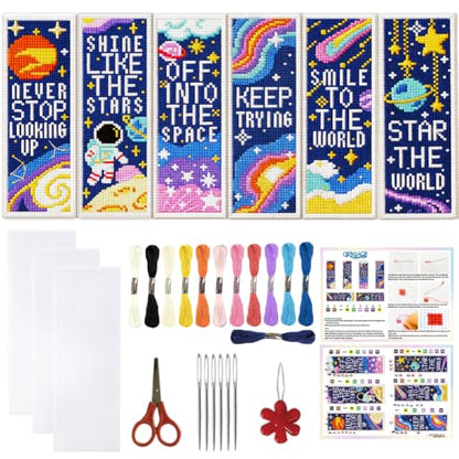 ORIGACH 6 Pcs Space Cross Stitch Bookmark Kit for Beginners - style: Cosmic Space & Inspirational Quotes