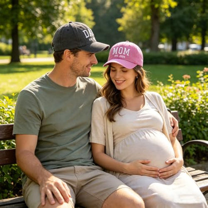 2PCS Dad and Mom EST 2026 Hats for Men Women, New Parents Gifts Cap - color: Pink Black