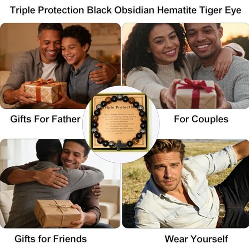 Gifts for Men Bracelets Triple Protection Cross Bracelet 8mm Black Obsidian Hematite Tiger Eye Beaded Natural Stone Bracelets Birthday Jewelry Gifts Cross Christian Gift for Him Husband Son - color: To My Husband,Mix Style
