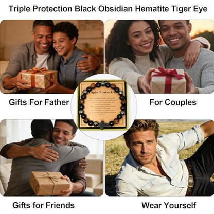 Gifts for Men Bracelets Triple Protection Cross Bracelet 8mm Black Obsidian Hematite Tiger Eye Beaded Natural Stone Bracelets Birthday Jewelry Gifts Cross Christian Gift for Him Husband Son - color: To My Husband,Mix Style