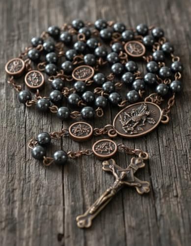 Nazareth Store St Michael Rosary Hematite Stone Beads Necklace Metal Beaded Glory Beads Archangel Medal & Cross with Metal Gift Box - color: Copper | Jesus Cross
