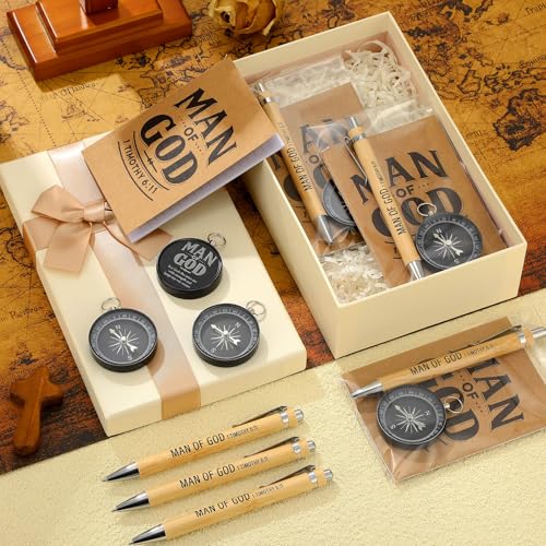Chiisong 25 Set Man of God Gifts Include 25 Christian Mini Compass, 25 Religious Notebooks, 25 Bamboo Ballpoint Pens for Father's Day Pastors Church Travel Party Favors(25 Sets,Black) - color: Black