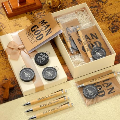 Chiisong 25 Set Man of God Gifts Include 25 Christian Mini Compass, 25 Religious Notebooks, 25 Bamboo Ballpoint Pens for Father's Day Pastors Church Travel Party Favors(25 Sets,Black) - color: Black