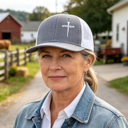 3 Nails Cross Trucker Hat Christian Religious Gifts for Birthday/Christma - color: 3 Nails Cross Trucker Hat Grey & White