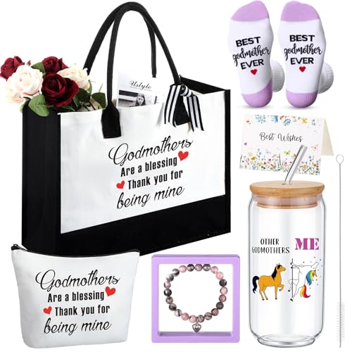 Pickmesh 7 Pack Godmother Gifts for Women Birthday, God-mother Appreciation Gifts from Godchild, Godmother Are a Blessing Tote Bag, Makeup Bag, 16 oz Glass Cup, Socks, Card, Stone Bracelet with Box - style: Godmother