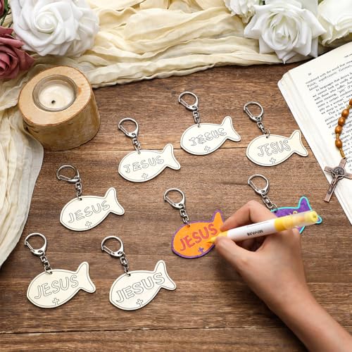 Yuntau 24 Pcs Jesus Faith Fish Keychain Crafts, Vbs Wooden Craft - style: Jesus Fish