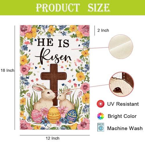 Welcome Easter Egg Garden Flag He Is Risen Christian Cross Small Flags for Outside, 12x18 Inch Rabbit Double Sided Burlap Seasonal Outdoor Yard Lawn Decoration