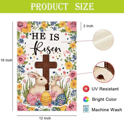 Welcome Easter Egg Garden Flag He Is Risen Christian Cross Small Flags for Outside, 12x18 Inch Rabbit Double Sided Burlap Seasonal Outdoor Yard Lawn Decoration