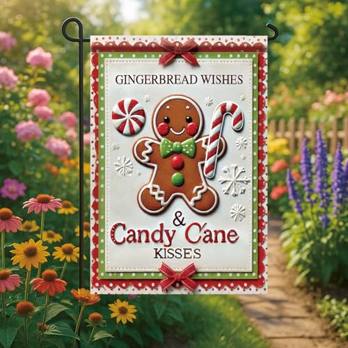 Christmas Garden Flag Gingerbread Man Candy Cane Wishes 12x18 Inch Double Sided Outdoor Winter Holiday Yard Banner Peppermint Cute Festive Lawn Decoration for Porch Patio Garden - color: ingerbread Man Candy Cane