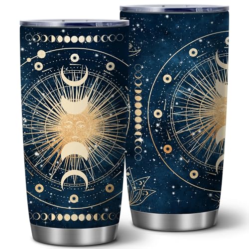 20oz Celestial Astrology Moon Phase Witchy Stainless Steel Tumbler with Lid - color: Astrology Tarot Cards Blue-white