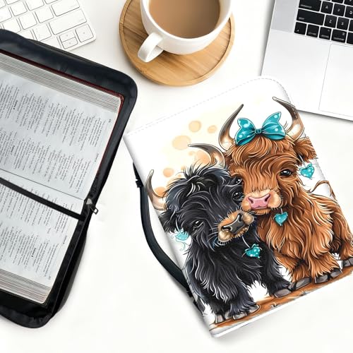 Bible Cover for Women Large PU Leather Zippered Bible Case with Handle and Cute Cow Design, Christian Bible Cover for Girls & Women, Cover Fits Standard 9.5"x7.5"x2.3" Bible - color: Cute Cow