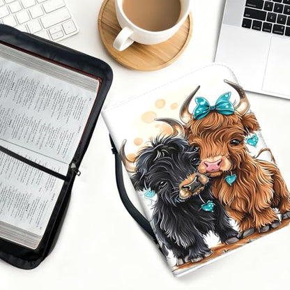 Bible Cover for Women Large PU Leather Zippered Bible Case with Handle and Cute Cow Design, Christian Bible Cover for Girls & Women, Cover Fits Standard 9.5"x7.5"x2.3" Bible - color: Cute Cow