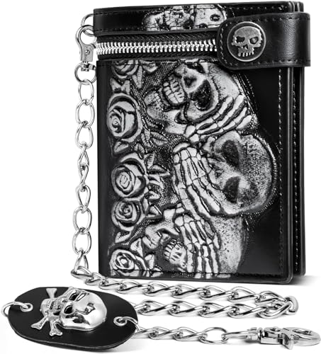 ZEKEE Skull Gothic Chain Wallet Leather Punk Bifold Halloween Goth Accessories Unisex,Black - style: Skull Blossom Clutch