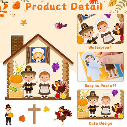 CY2SIDE Thanksgiving Pilgrimage Scene Sticker - 12 Set Pilgrims Theme Sticker Art Craft for Kids Classroom Activities, Make a Native American Scene Game with Turkey Decal for Thanksgiving Party Favors - style: Pilgrimage