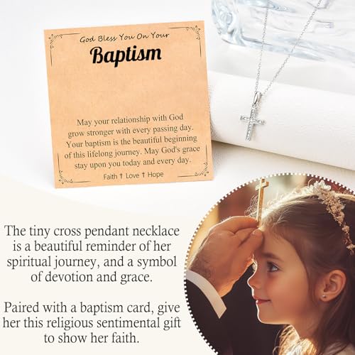 Cross Necklace for Girls Women, Baptism Easter First Communion Confirmation Gifts - 16"+2" Silver Plated Tiny Cross Necklace, Religious Jewelry Gifts for Daughter Granddaughter Goddaughter - style: Baptism