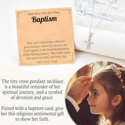 Cross Necklace for Girls Women, Baptism Easter First Communion Confirmation Gifts - 16"+2" Silver Plated Tiny Cross Necklace, Religious Jewelry Gifts for Daughter Granddaughter Goddaughter - style: Baptism