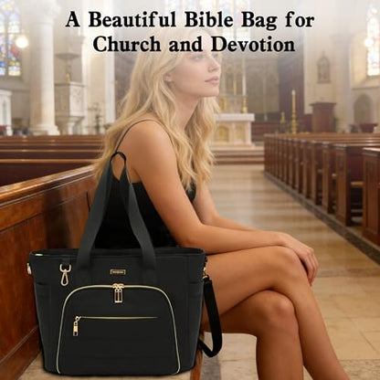 Large Bible Bag for Women, 2-in-1 Bible Tote with Detachable Embroidered Bible Cover & Study Supplies, Church Bible Study Bag, Gift-Ready Christian Gift for Women (Black) - color: Black