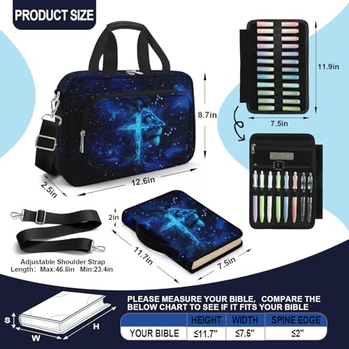 Lion Cross Large Bible Cover Case for Men, Bible Bag for Men Organizer with Strap & Handle Zipper Pocket, Bible Study Supplies Journaling Kit with Pens Highlighters Tabs Christian Gift - color: Lion Cross