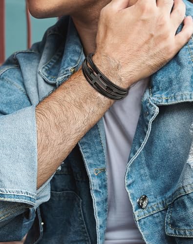 YL Mens Cross Viking Celtic Ankh Odin Compass Life Tree Leather Bracelet, 18K Gold/Black Rhodium Stainless Steel Christian Religious Protection Talisman Brown Cuff Handcrafted Jewelry Gifts - color: Black Rhodium-Cross A-Brown, size: 8.3"(210mm)