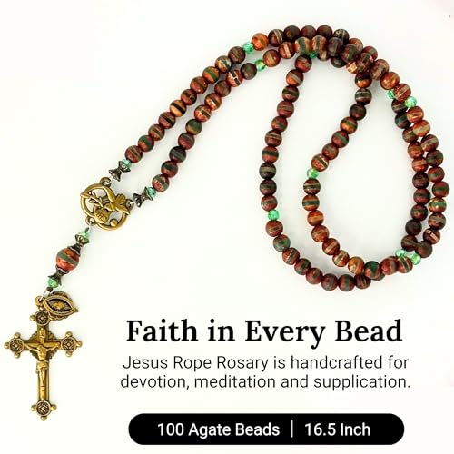 Jesus Rope Rosary - Orthodox Komboskini Chotki with 100 Agate Beads - 16.5 inch Christian Prayer Beads - Alloy Metal Religious Meditation Aid - Spiritual Gift - Orthodox Prayer Tool